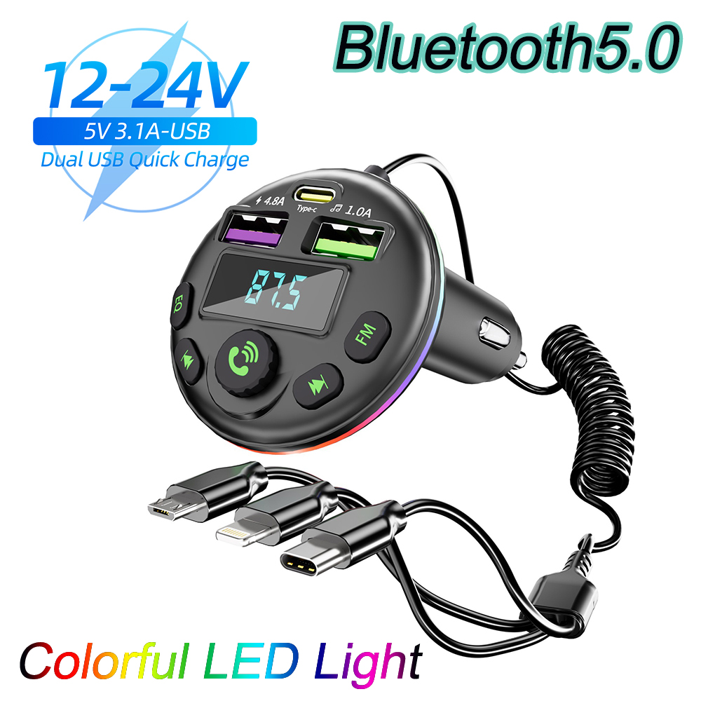 Trasmettitore FM Bluetooth 5.0 per auto Ricevitore Audio vivavoce Lettore modulatore MP3 con cavo di ricarica 3 in 1 per iPhone Huawei Xiaomi