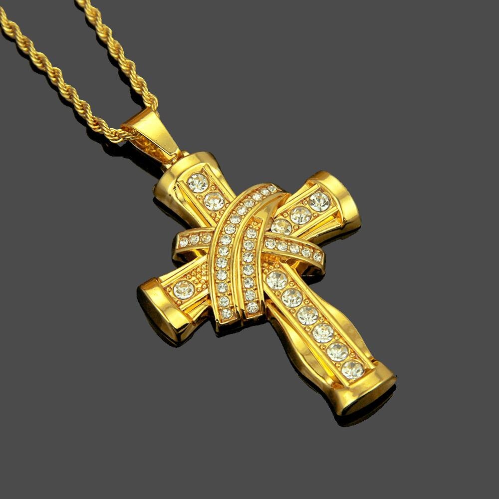 Hip Hop, diamantes de imitación pavimentados, Bling Iced Out Tie, colgantes de cruz, collar para hombres, joyería de rapero, Color oro, plata, triangulación de