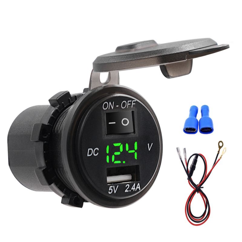 Cargador de moto interruptor usb impermeable, pantalla Digital de 2,4 a, voltímetro de 12V-24V, cargador para coche, barco y motocicleta con fusible de 20a, 60cm: green