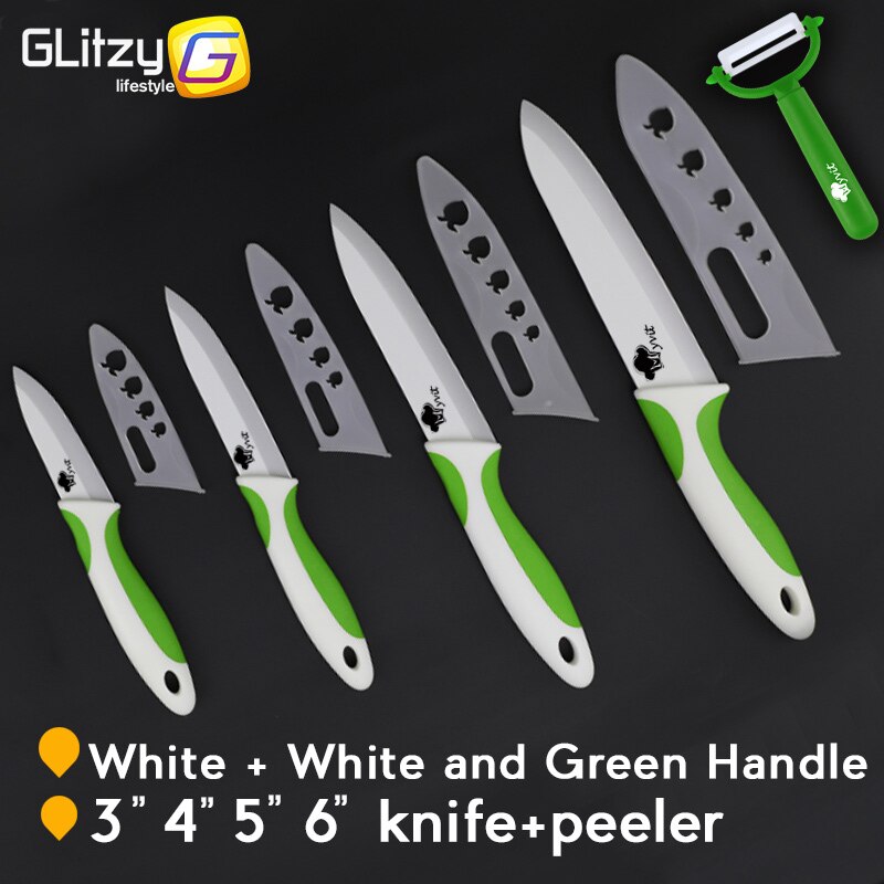 Keramisk kniv zirconia kök kock grönsaker frukt kniv vitt blad 3 " 4 " 5 " 6 " tum + skalare matlagningsset mjukt halkskydd: Grön vit handtag