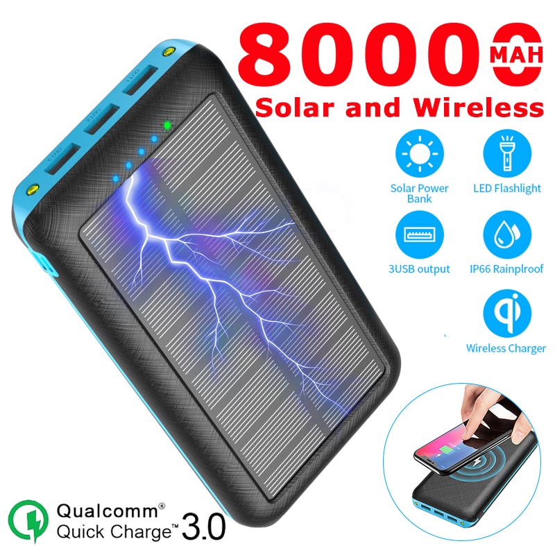 80000Mah Solar Power Bank Qi Draadloze Outdoor Oplader Draagbare 3USB Telefoon Oplader Voor Xiaomi Samsung Iphone Power Bank