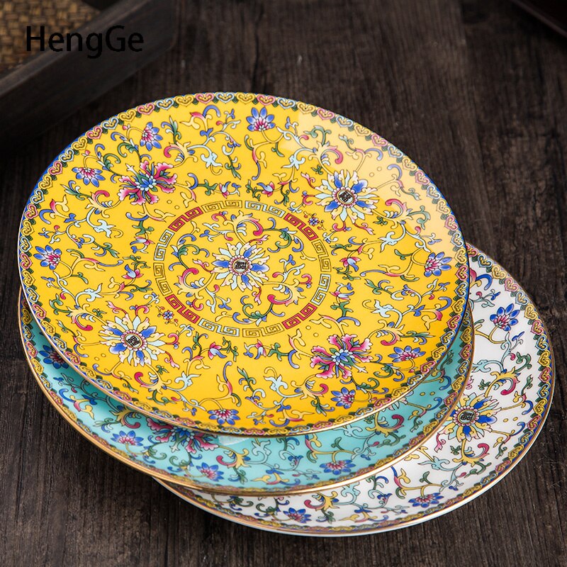 Chinese Ceramic Plates Golden Stroke Enamel Decorative Porcelain Dinner Plate Dinner Steak Pasta Dishes Restaurant Serving Tray