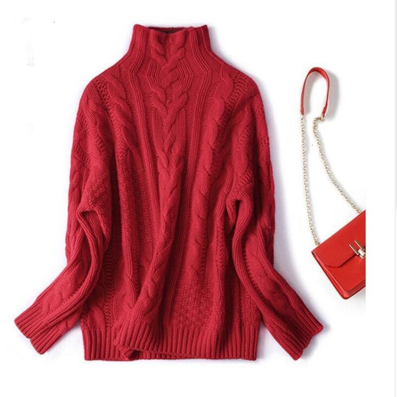 neck sweaters in autumn and winter tall women's sweaters loosely knitted sweaters: Red / XL