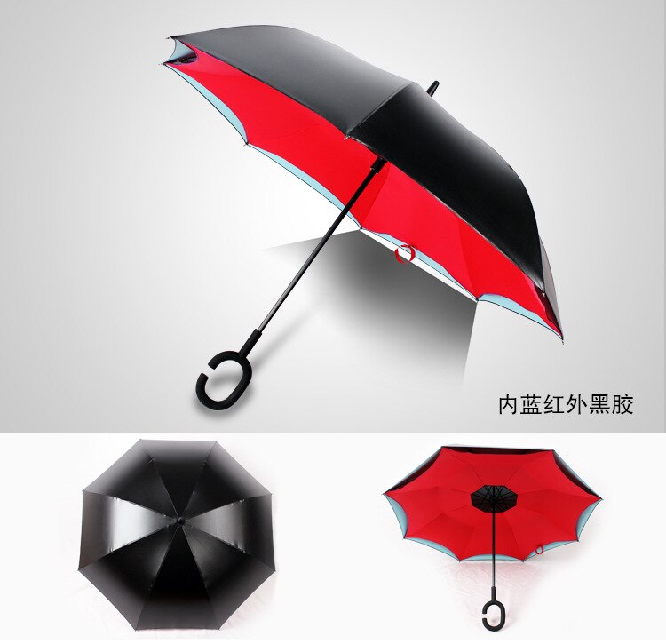 C-krog hænder til bil 2- lag omvendt vindtæt paraply påfugl rød prik bil paraply selvstand regnbeskyttelse: Solgt rødt