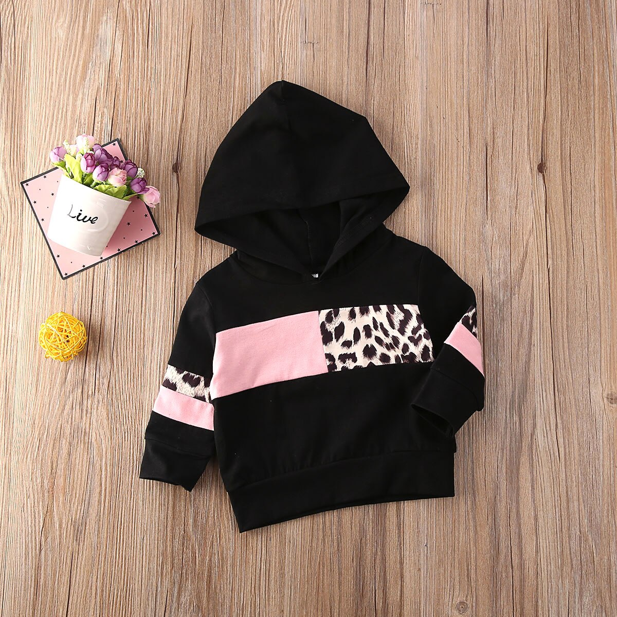 Sudadera negra con capucha para niñas pequeñas, sudadera con estampado de leopardo de niña, sudadera de manga larga de primavera y otoño para niños, 6M-5Y