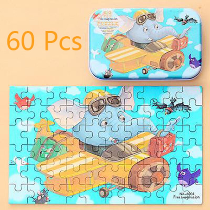 60 Pieces Wooden Puzzle Toys for Children Cartoon Animal Vehicle Wood Jigsaw Baby Montessori Educational Toy Kids Christmas