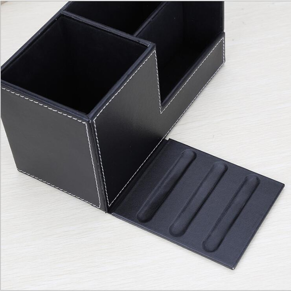XRHYY Black 3 Compartment Leather Desk Organizer Card Pen Pencil Mobile Phone Office Supply Holder Collection Desktop Organizer