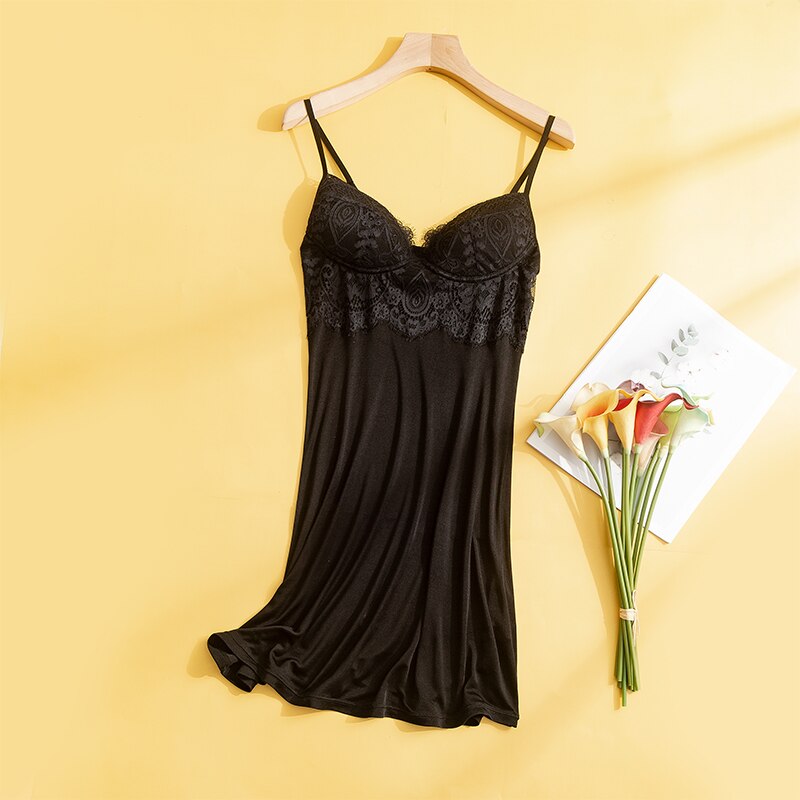 SuyaDream Women Real Silk Lace V Neck Full Slips Anti emptied Padded Bra Comfortable Sleep Dress Black White Underwears: black / XL