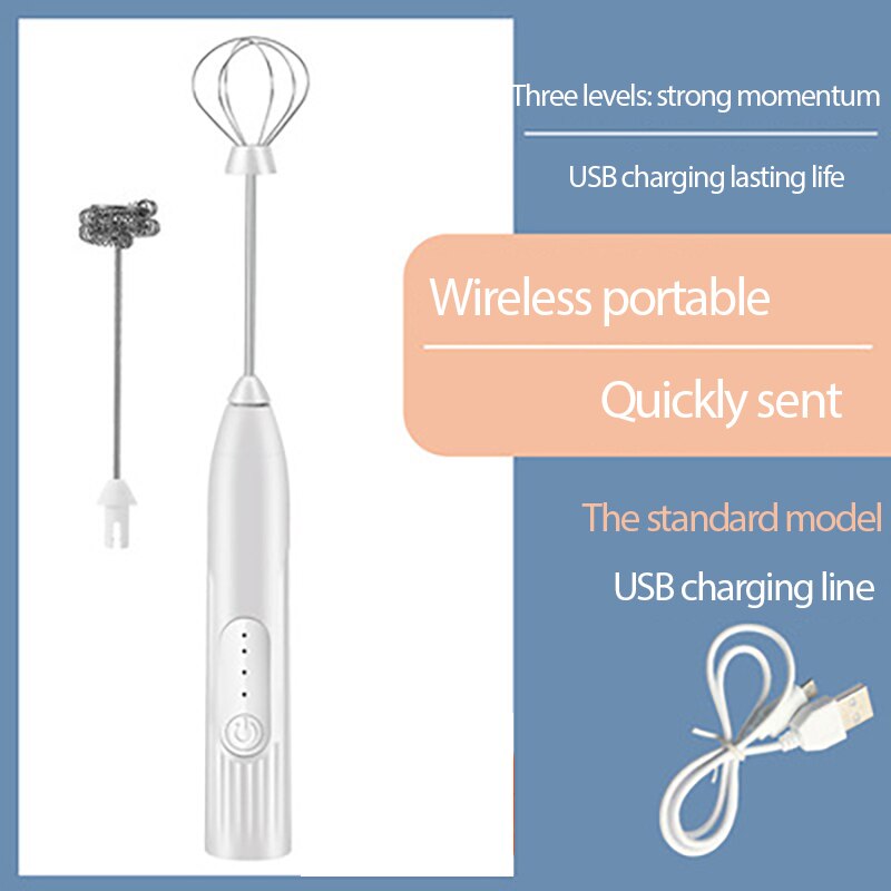 Handheld Electric Milk Frother Egg Beater Coffee Frother With USB Charger Cake Tool For Cappuccino Kitchen Mixer Multifunction: White B-2heads