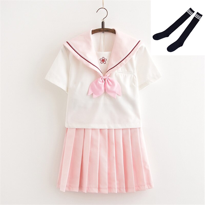 Costume de marin japonais doux pour filles, uniforme scolaire à manches courtes, uniformes JK rose doux XXL: Short Set With Socks / XL