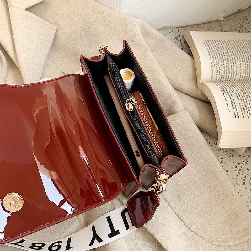 Damväska bred axelrem axelväska messenger bag casual dam crossbody-väska glänsande flik dam handväskor handväska