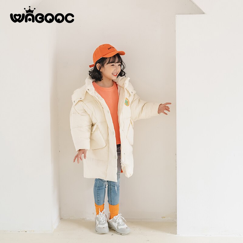 Winter kinder donsjack meisjes dinosaurus warme kinderkleding meisjes afneembare muts 2-3-8 jaar dikke lange jas: Wit / 4t