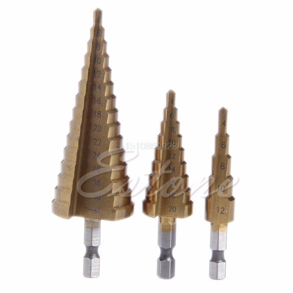 3Pcs Drill Bit Set Steel Titanium Nitride Coated Step Drill Bit Quick Change 1/4" Shank