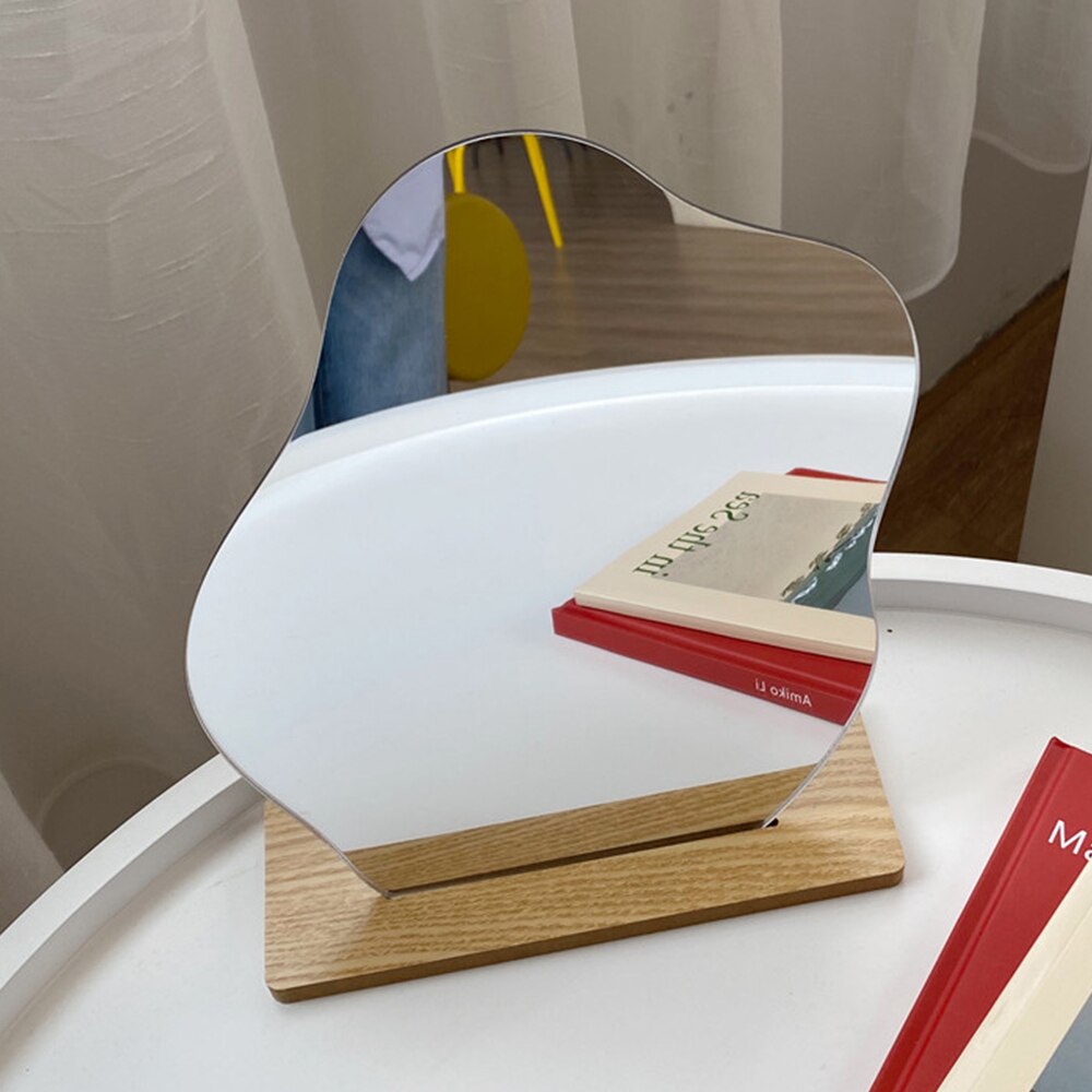 Espejo de maquillaje Irregular acrílico en forma de estrella, Base de madera, utensilios de espejos para mesa, baño y viaje: A