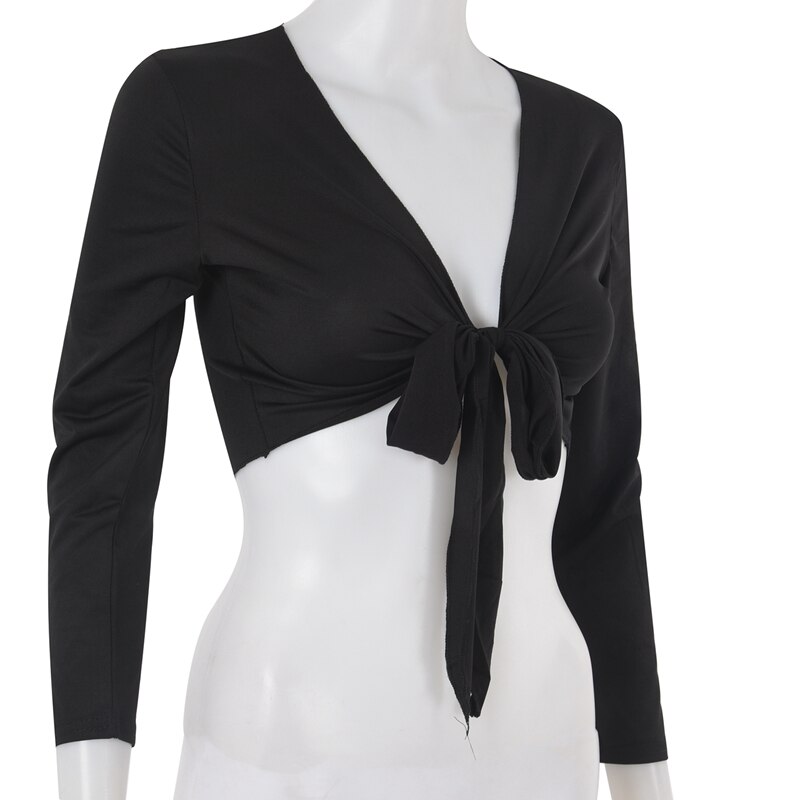 Damer langærmet binde afgrøde skuldertræk kvinders wrap bolero cardigan top - sort
