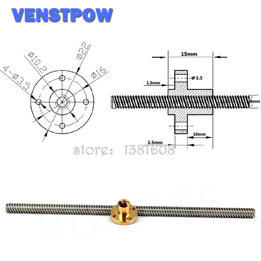 1PC Edelstahl T8 Blei Schraube Tonhöhe 2MM Blei 4MM Länge 100/200/300/400/500/600mm mit Durcheinander Kupfer murmeln für 3D Drucker