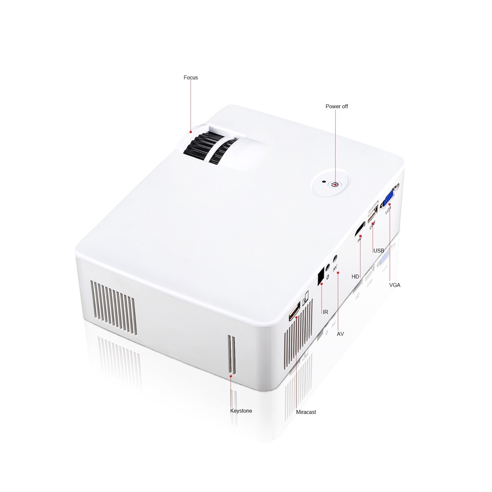 E08S Mini Portable Projector 200 Lumen 800 x 480 Full HD LED Video Home Cinema IR Remote Control Wired Same Screen