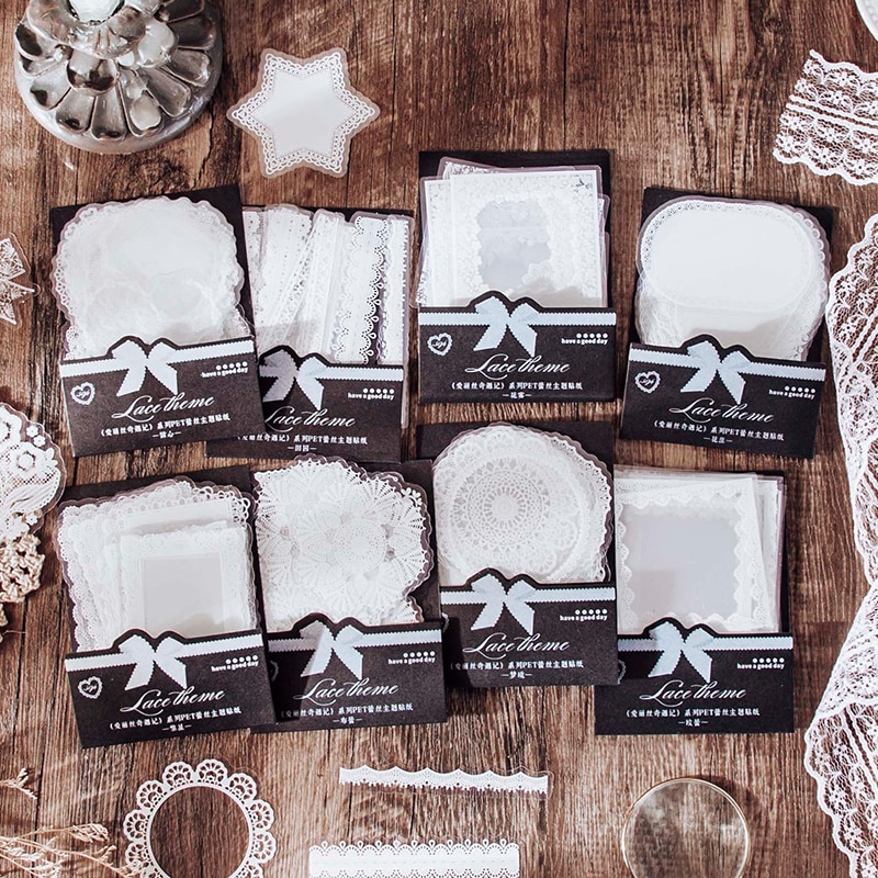 30 Pcs PET Lace Scrapbook Stickers Decorative Paper Lace Butterfly Leave White Cardstock Scrapbook Diy Album Card Making