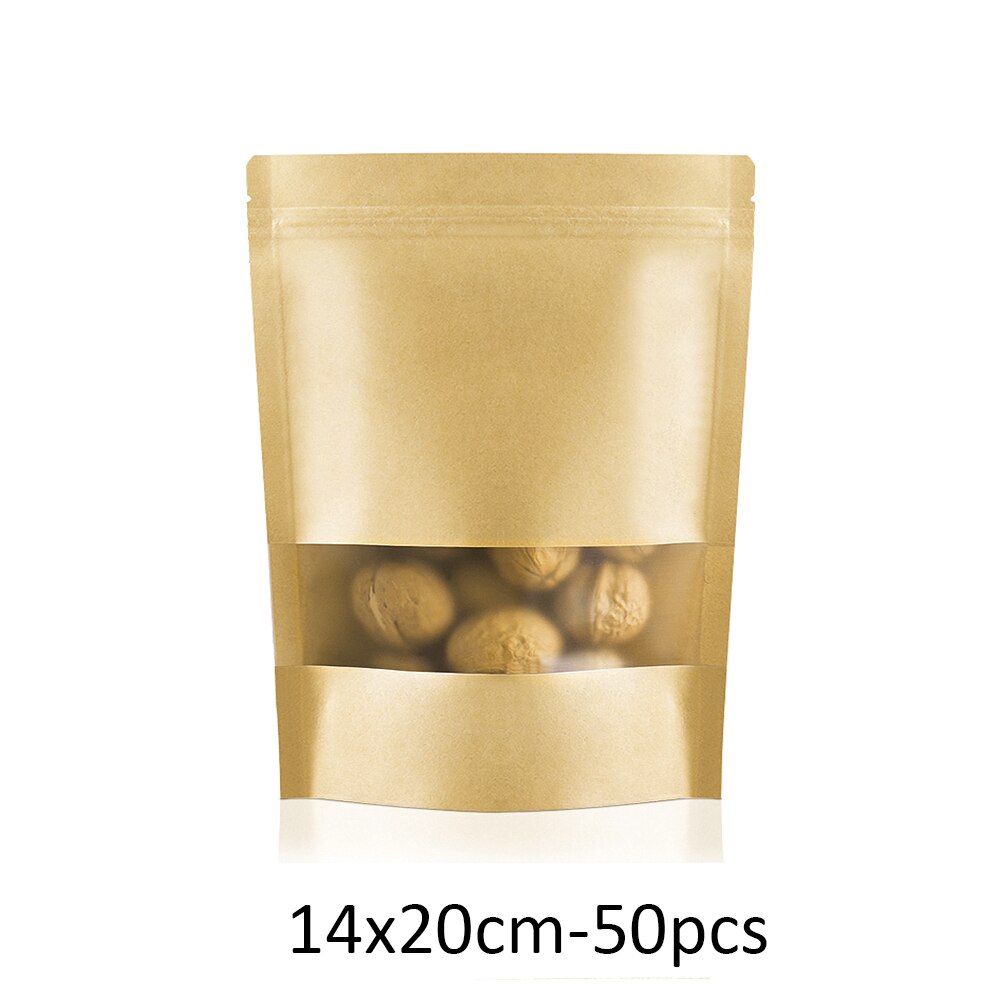 50pcs/Set Reusable Food Storage Bag Zero Waste Sealed Kraft Paper Dry Food Nuts Snacks Candy Bags Wedding Packing Food Container: 14x20cm 50pcs