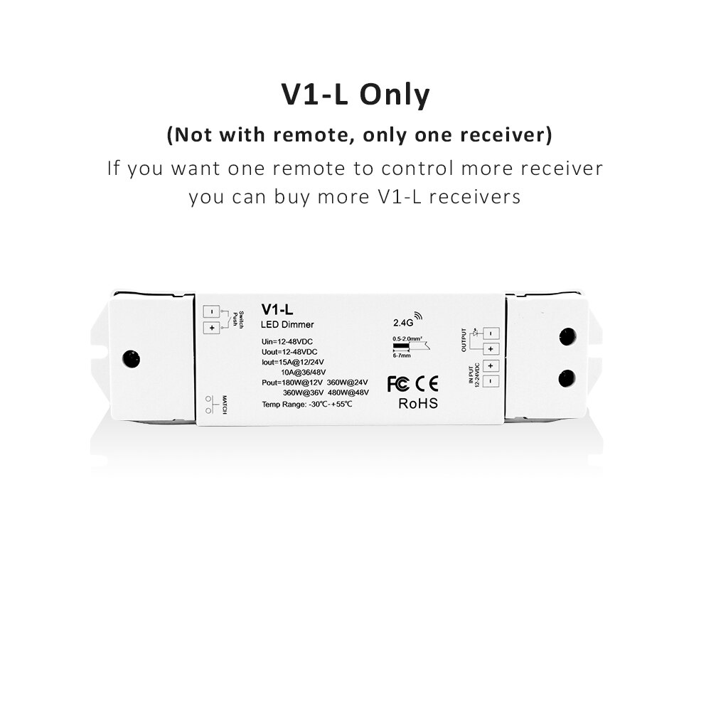 Led Dimmer 12V 24V 5V 36V Desk Mount Rotary Panel 2.4G Rf Pwm Afstandsbediening knop Dimeer Schakelaar Voor Enkele Kleur Licht Strips: V1-L Receiver Only