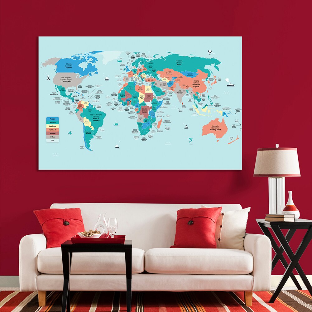 225*150 Cm The World Capitals and Local Language Translation Map Poster Non-woven Canvas Painting Home Decor School Supplies