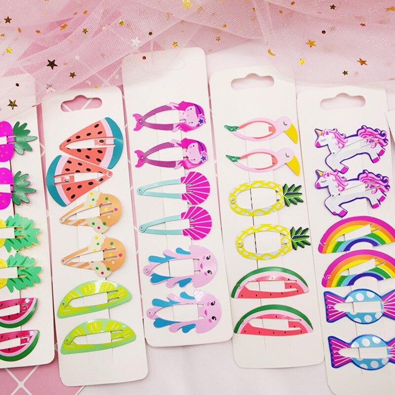 Accessoires pour cheveux 6 pièces/ensemble | Nouveaux accessoires pour enfants, couvre-chef ananas Fruit épingles à cheveux dessin animé sirène cheval arc-en-ciel, pince pour filles