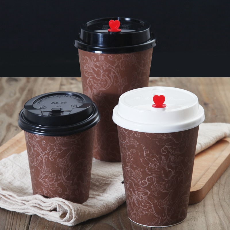 50pcs Disposable coffee cup flower pattern thick paper cups drinks juice beverage packaging cups takeaway packages with lids