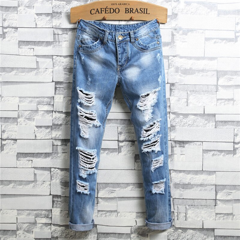 Tynde mænds ripped jeans lyseblå straight jeans casual all-match street hipster behagelig