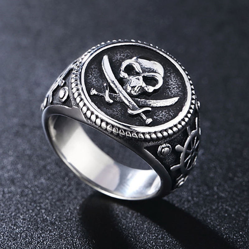 Vintage Men's Pirate Signet Double Knife Skull Ring Golden/Silver Color Stainless Steel Compass Goth Punk Ring