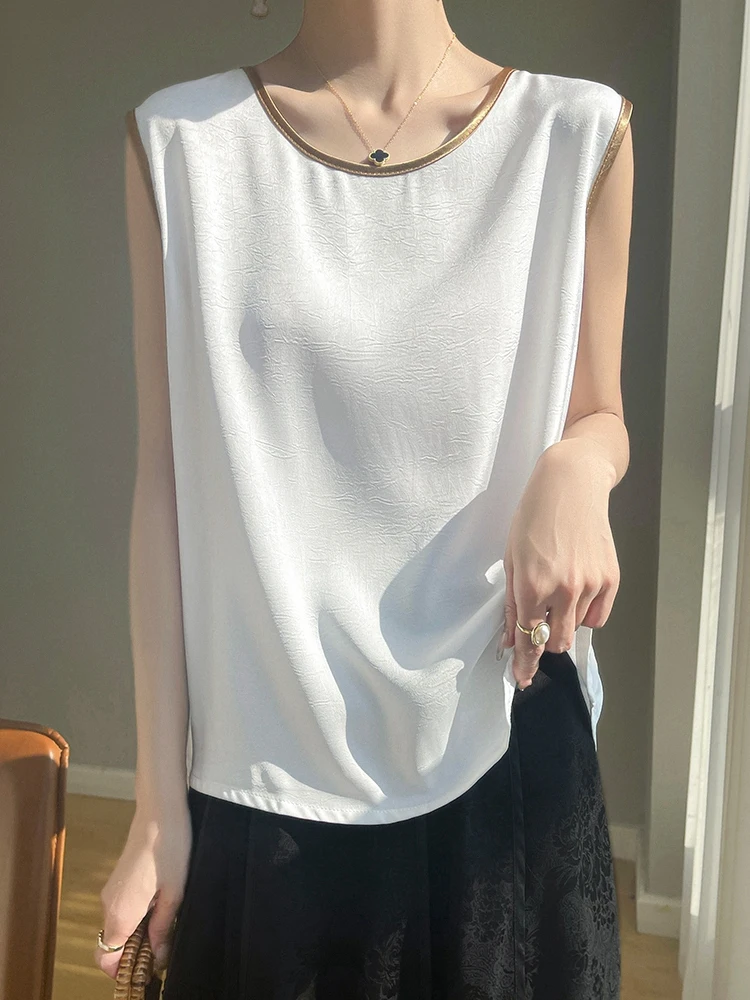 Women Summer Artificial Silk Satin Embossing Flower Thin O-neck Tank Top Gold Collar Hem Smooth Camisole Basic Model Silky Camis