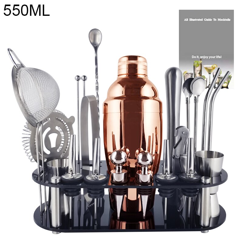 1-22Pcs Boston Cocktail Shaker Bar Gereedschap Wijn Mixer Set Barman Cocktail Shaker Tool Kit Schenker Jigger Warhoofd met Houder: 22 RG 550ml Rack
