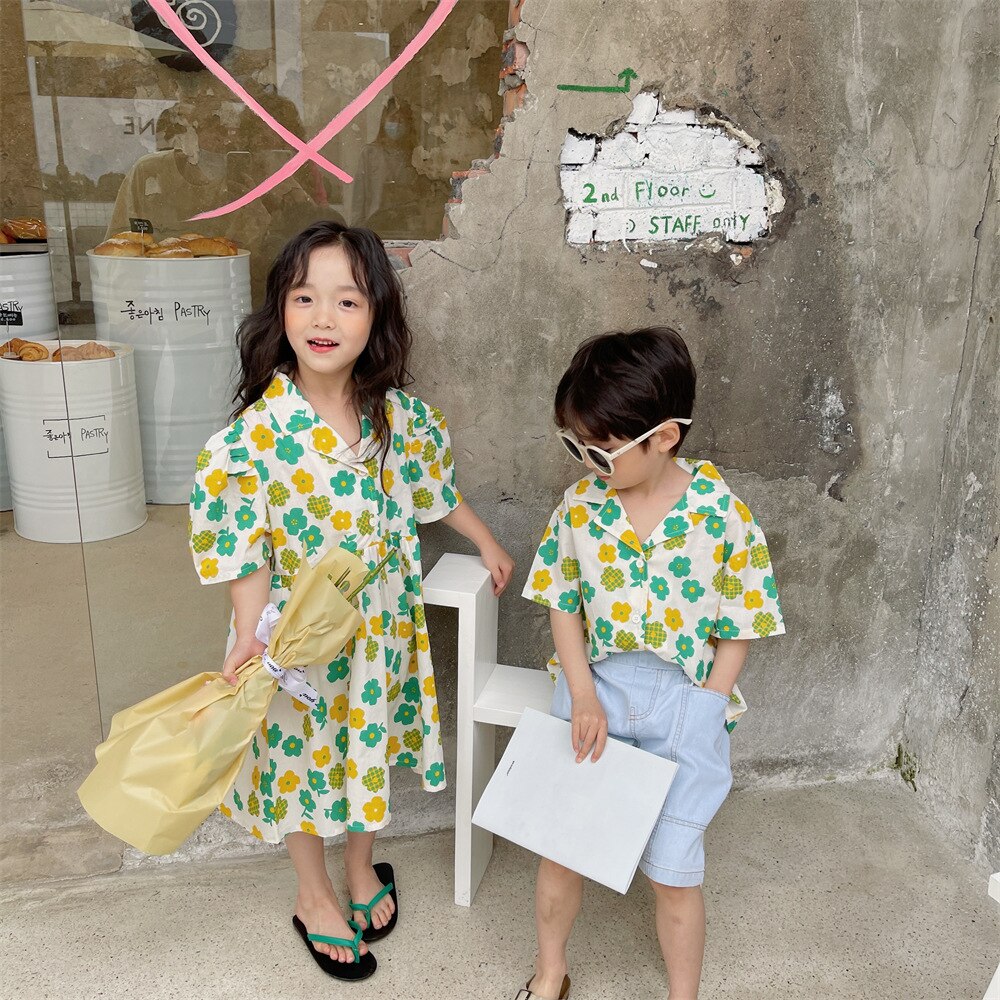 1835C Kinderen Shirt Broer Zus Kleding Jongen Korte Mouwen Shirts Zomer 2022 Bloemen Kinderen Dunne Shirts blouse