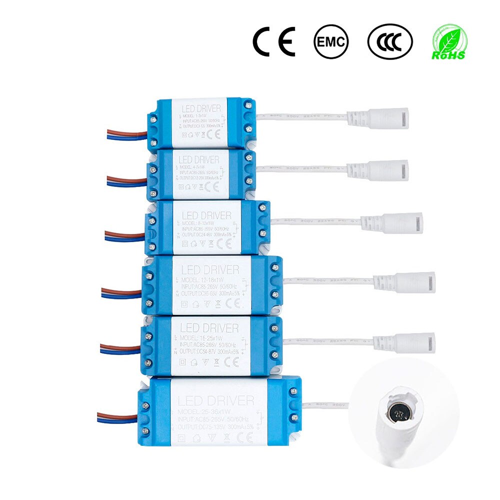 Led driver met 5.5*2.1mm vrouwelijke connectoren 1w-36w voedingen constante stroom 300ma verlichtingstransformatoren voor led-lichtstrip