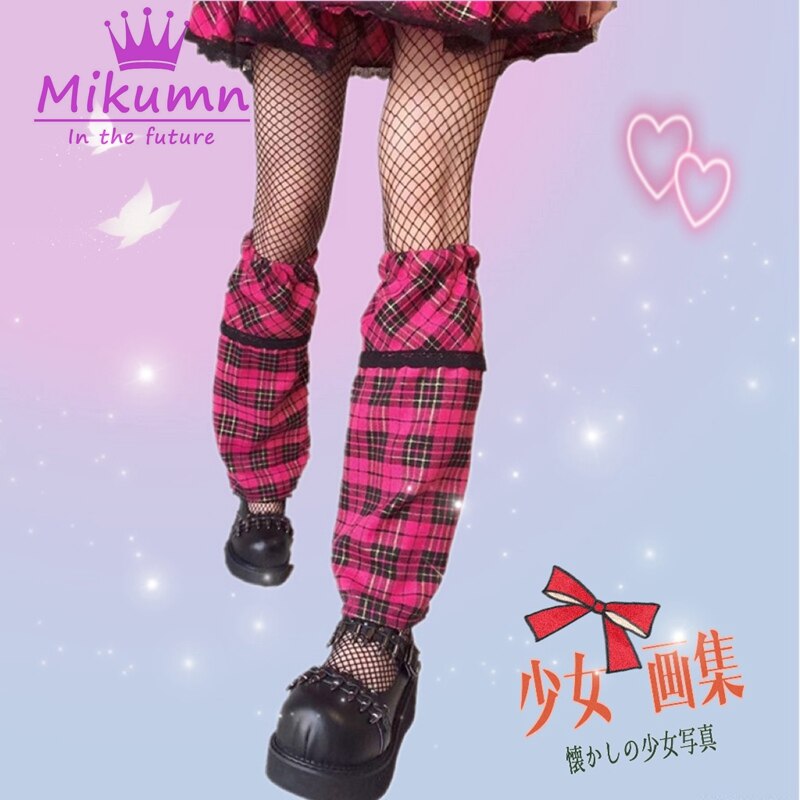 Japanese Harajuku Girls Cute Lace Plaid Leg Warmer Socks Gothic Lolita Sweet Knee High Leg Cover Chic Streetwear