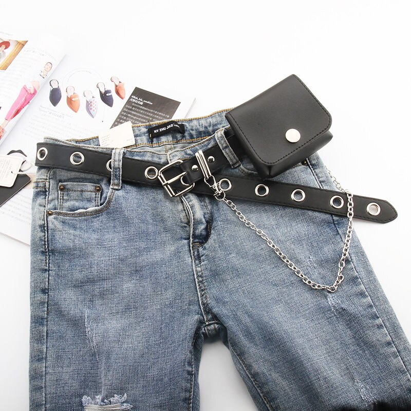 Punk stil kæde talje bælte til jeans kjole pu læder kvindelige damer rock stil luksus mærke rem bælter