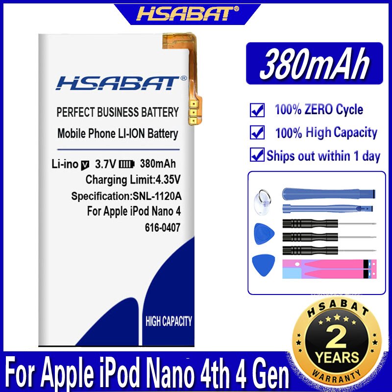 HSABAT 380mAh-500mAh Battery for iPod Nano 1 2 3 4 5 6 7 4th 5th 6th 7th 1st 2nd Generation 2 Gen 2Gen 3rd 3 Gen 3Gen: for iPod Nano 4