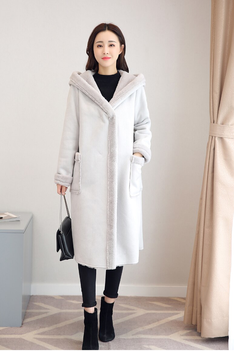 Femme vestes hiver couleur unie cerf fourrure à capuche mi-longueur femmes vestes augmenter cachemire épais hiver femmes fourrure: Light gray / XL