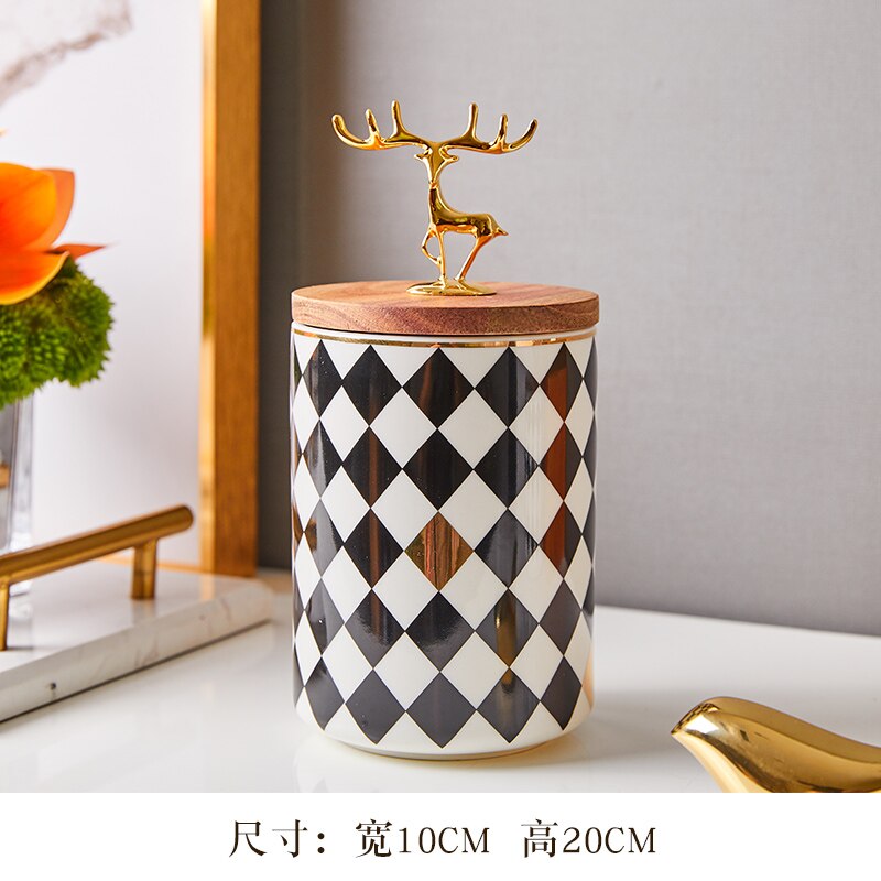 Ceramic Storage Jars Black and White Grid Porcelain Storage Jar Golden Deer Cover Tea Canister Coffee Pot Organizer: 10cm x 20cm