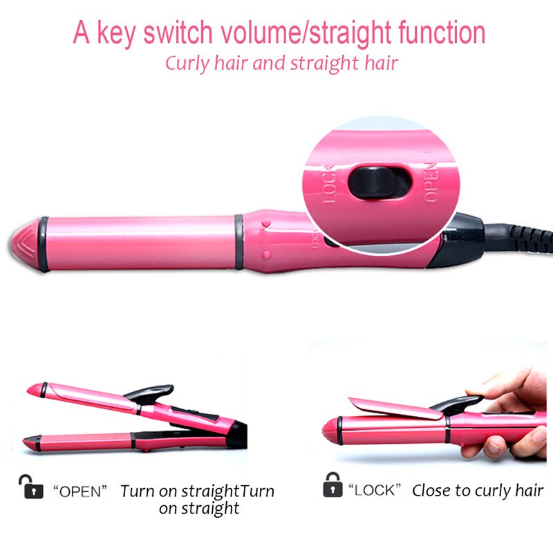 2 in 1 Pink Electric Straightening Iron & Curling Iron Hair Curler Hair Straightener Flat Irons Ceramic