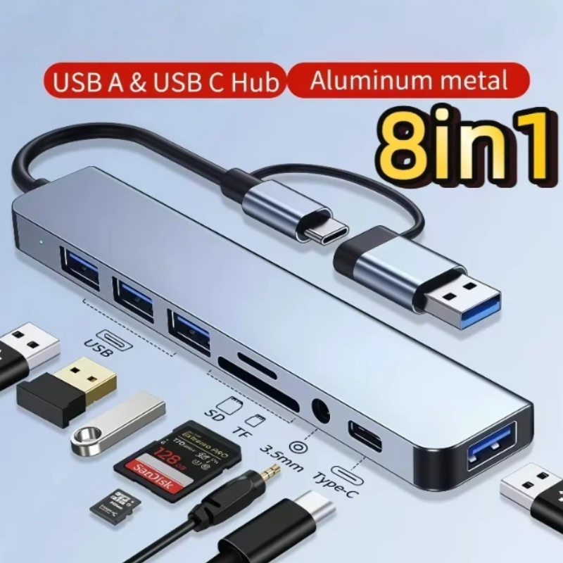 Hub USB-C 8 em 1 com adaptador de áudio, leitor de cartão Micro SD, conversor de disco para laptop, tablet e celular.
