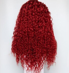 Fantasy Beauty-Peluca de pelo sintético con malla frontal prearrancada, 180% Denstiy, sin pegamento, rizada, fibra resistente al calor, con pelo de bebé: Rojo / 24 pulgadas