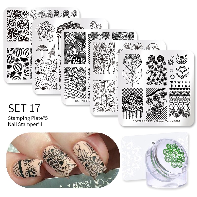 Geboren Pretty Nail Stempelen Platen Set Bloem Gemetory Diy Afbeelding Afdrukken Stencil Tool Nail Stempelen Template Met Stamper: Set 17