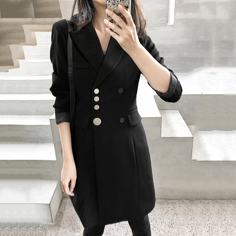 [eam] kvinder sort knapsøm lang blazer revers langærmet loose fit jakke tide forår efterår 1 w 524