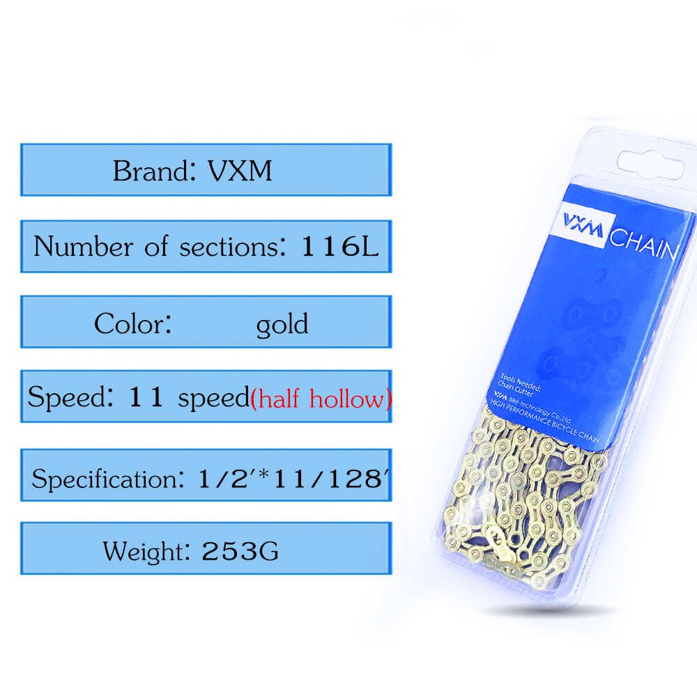 VXM 11 speed Bicycle chain silver half hollow bike chain mountain road bike full hollow chains ultralight 116L gold Bicycle Part: 11S chain Gold