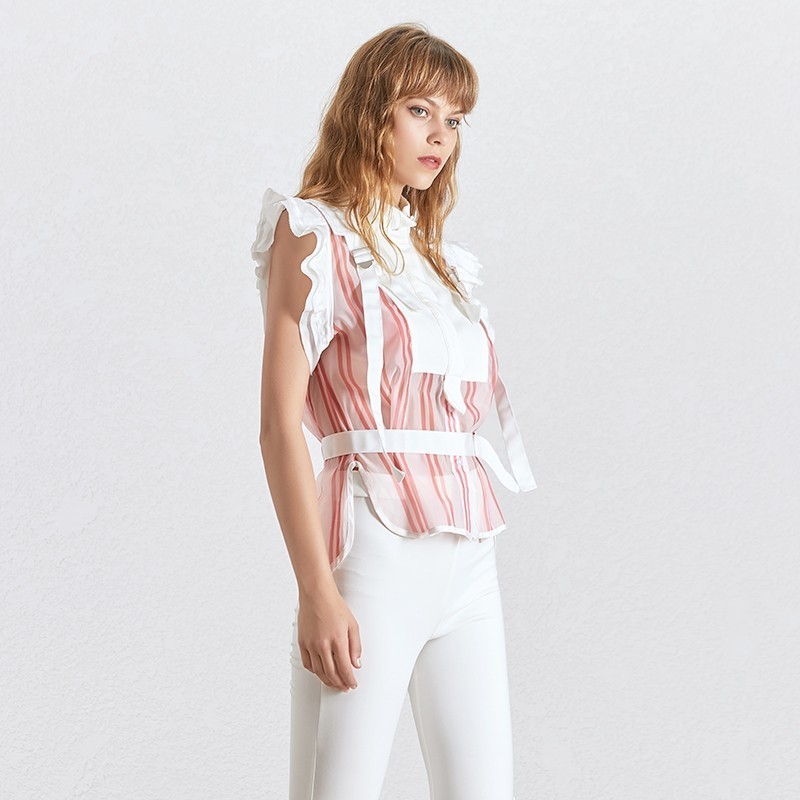 Twotwinstyle raidallinen hihaton naisten pusero seisontakaulus olkapäältä side tunika paita naisten vaatteet kesä