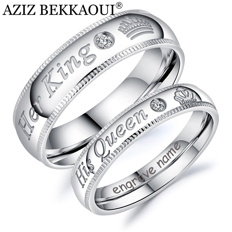 AZIZ BEKKAOUI DIY Engrave Name King & Queen Couple Rings Crown Silver Color Stainless Steel Rings Wedding Jewelry