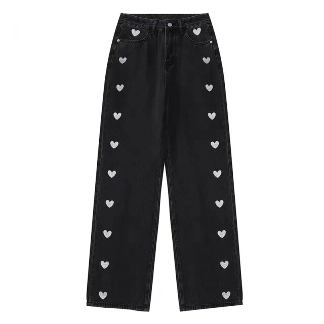 Jean Vintage imprimé en forme de cœur pour femme, pantalon en Denim, à jambes larges, droit, ample, à la , Y2K, Harajuku, automne hiver: Black / M