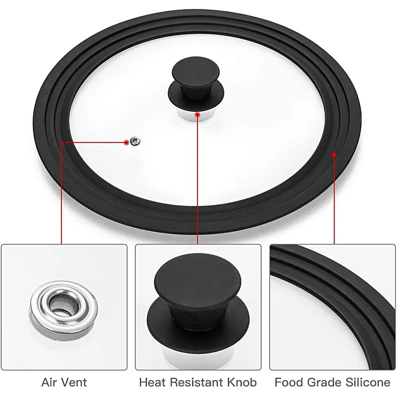 Multi Size Universal Lid for Pots Pans Cookware Tempered Glass Lid for Skillets with Silicone Rim Replacement Lid for Frying Pan