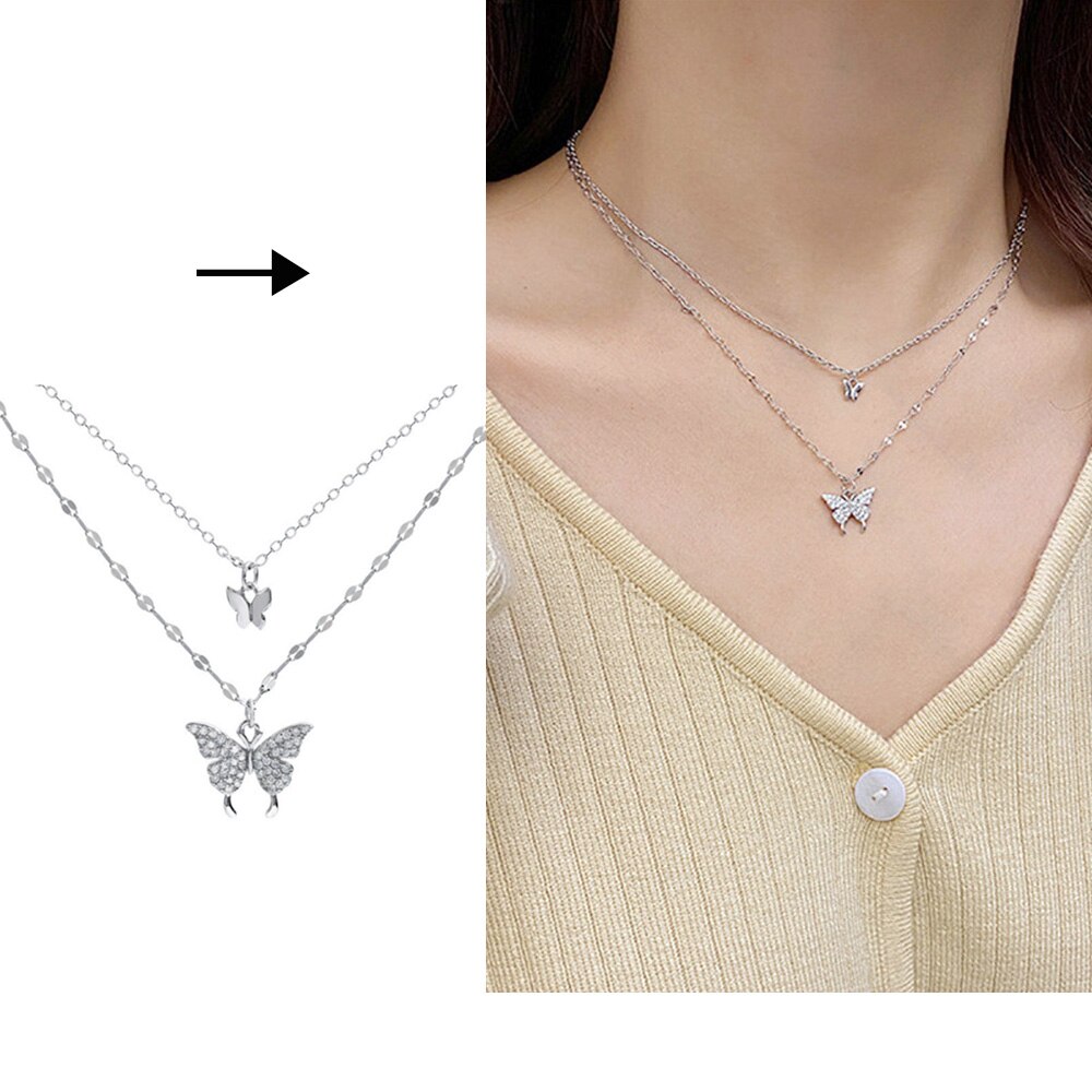 Shining CZ Cute Butterfly Pendant Charm Clavicle Choker Butterfly Necklace for Jewelry Women Girl: Antique Copper Plated