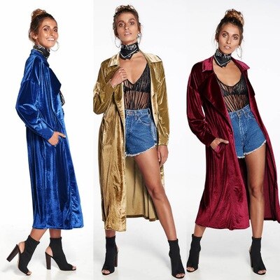 Abrigo de terciopelo con cuello de solapa para mujer, cárdigan de manga larga, prendas de vestir exteriores largas, gabardina informal de talla grande